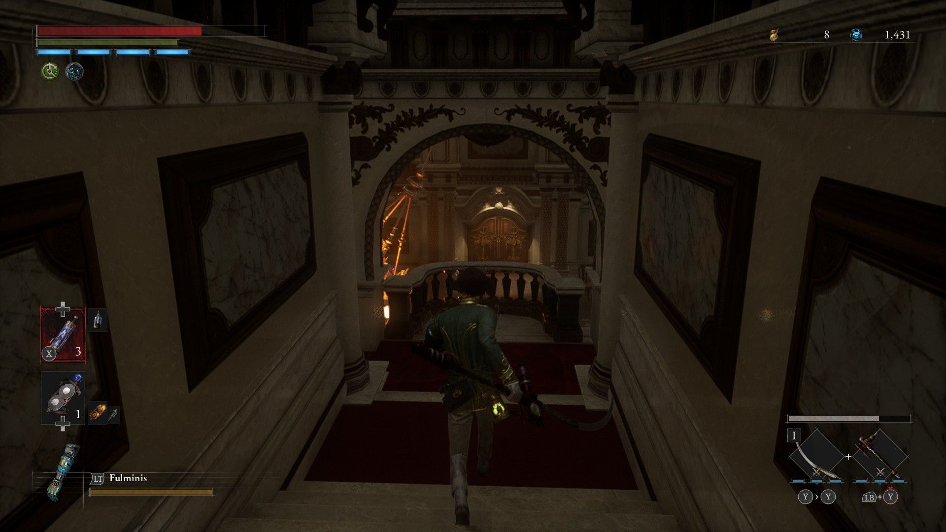 P runs down stairs toward hall with swinging fire chandelier in Lies of P
