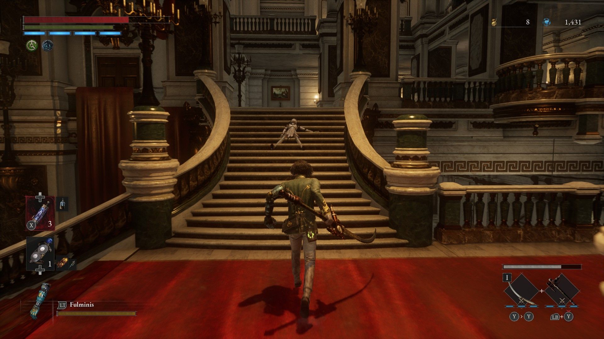 P climbs stairs to enter left wing of the opera house in Lies of P