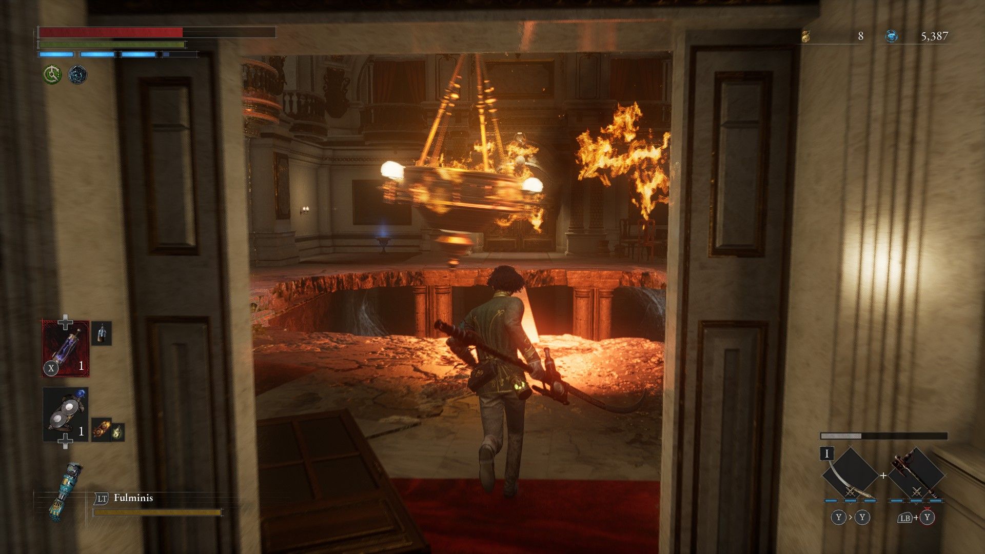 P runs into room with swinging fire chandelier to reach King of Puppets Boss room in Lies of P