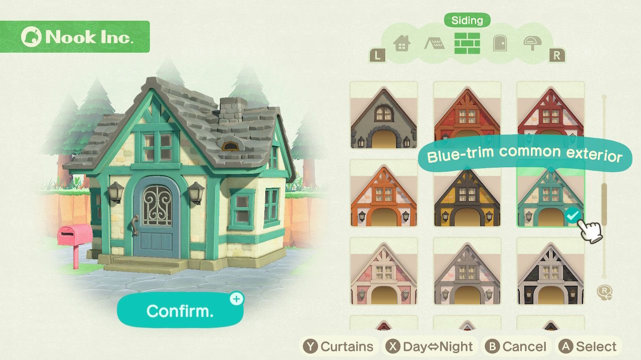 Player character in the housing customization menu and trying out a blue-wood trim exterior for their home that has a grey stone roof, blue wood door and pink mailbox in Animal Crossing: New Horizons.