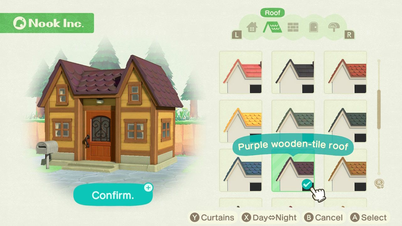 Player character in the housing customization menu and trying on a purple wooden tile roof on a yellow and brown house with a maple brown door in Animal Crossing: New Horizons. 