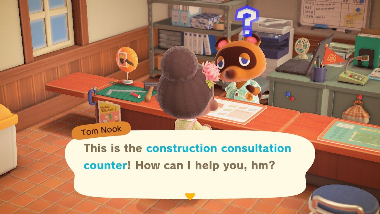 Player character sitting at the construction consultation counter in their City Hall and being asked a question by Tom Nook in Animal Crossing: New Horizon.