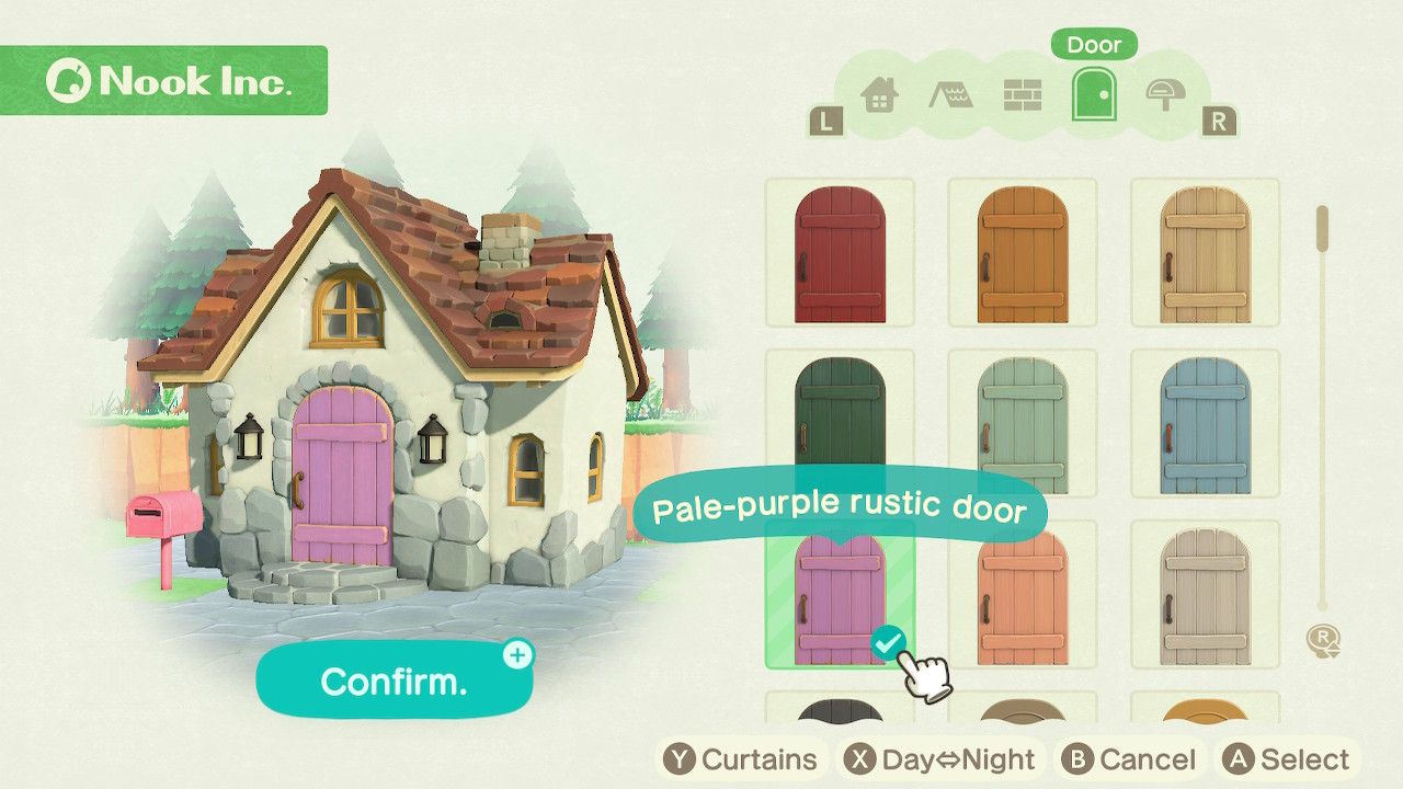 Player character in the housing customization menu and trying on a pale-purple rustic door style on a standard style home in Animal Crossing: New Horizons. 