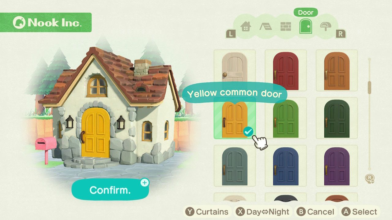 Player character in the housing customization menu and trying on a yellow common door style on a standard style home in Animal Crossing: New Horizons. 