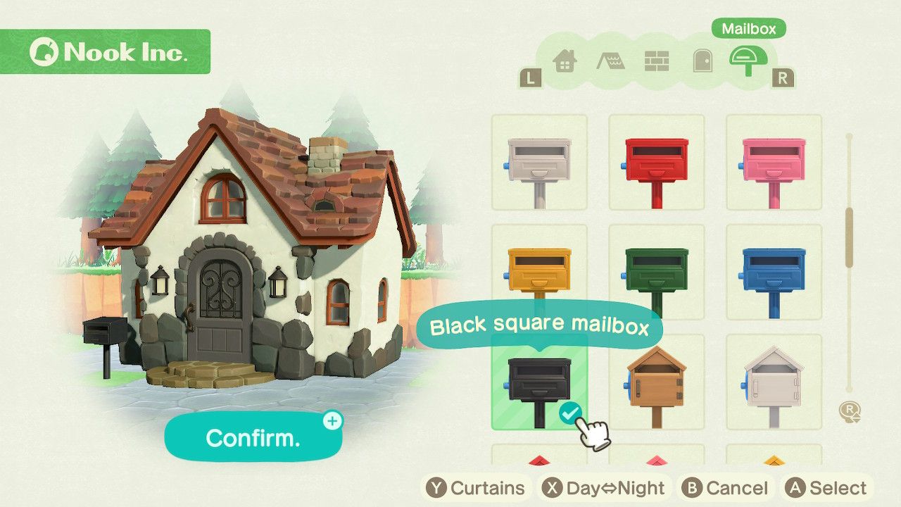 Player character in the housing customization menu and trying on a black square mailbox style that matches their black, grey, white, and brown standard home in Animal Crossing: New Horizons. 