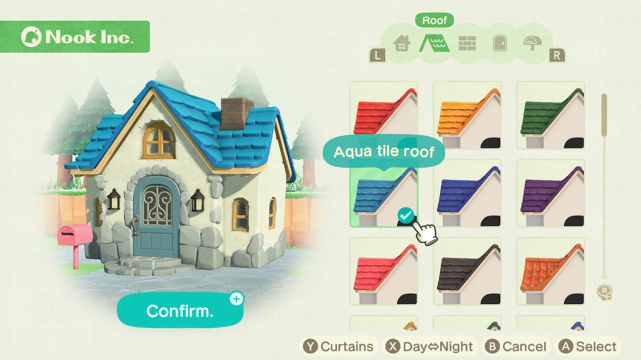Player character in the housing customization menu and trying on an aqua tile roof for the standard house style in Animal Crossing: New Horizons. 