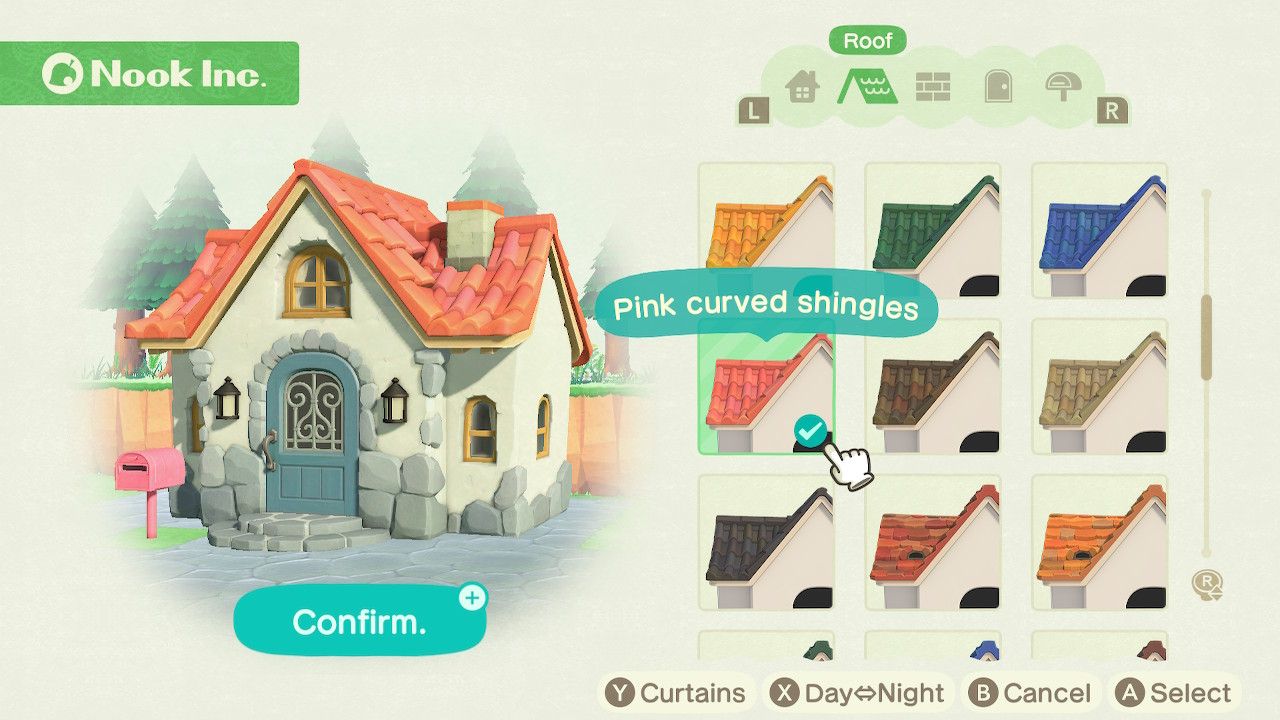Player character in the housing customization menu and trying on a pink curved shingles style roof for the standard style house in Animal Crossing: New Horizons. 