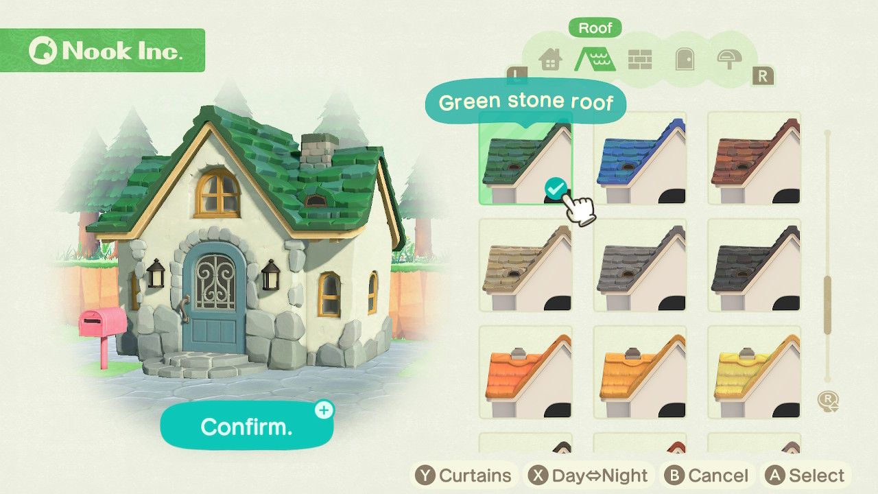 Player character in the housing customization menu and trying on a green stone roof style for the standard style house in Animal Crossing: New Horizons. 
