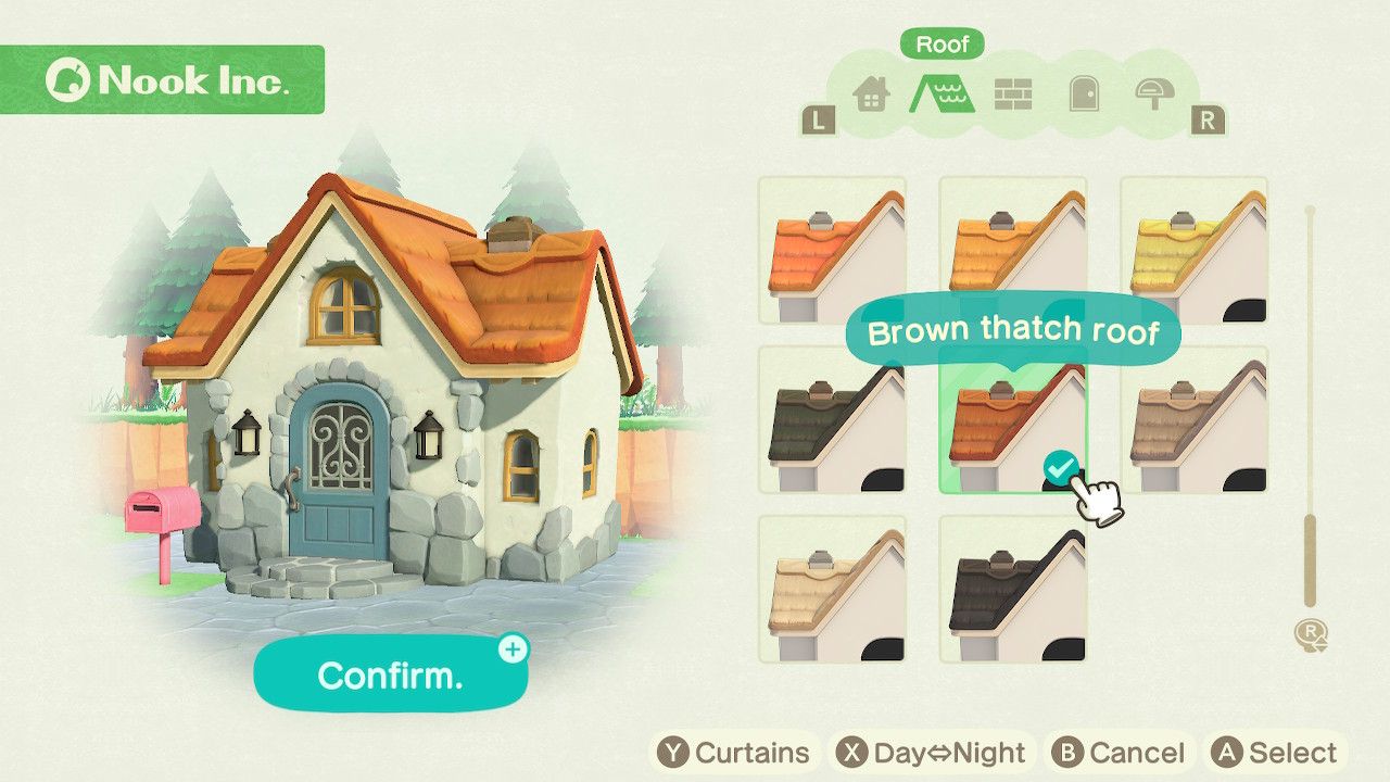 Player character in the housing customization menu and trying on a brown thatch roof style for the standard style house in Animal Crossing: New Horizons. 