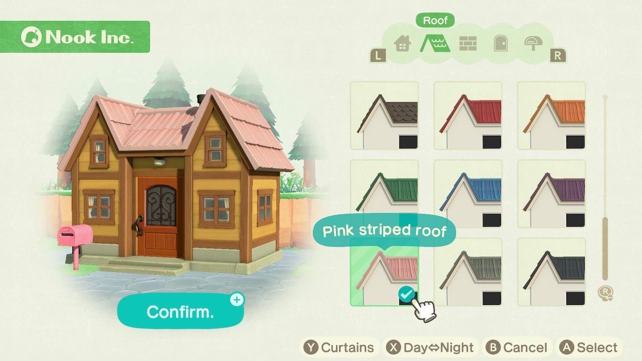 Player character in the housing customization menu and trying on a pink striped roof style for the cabin style house in Animal Crossing: New Horizons. 