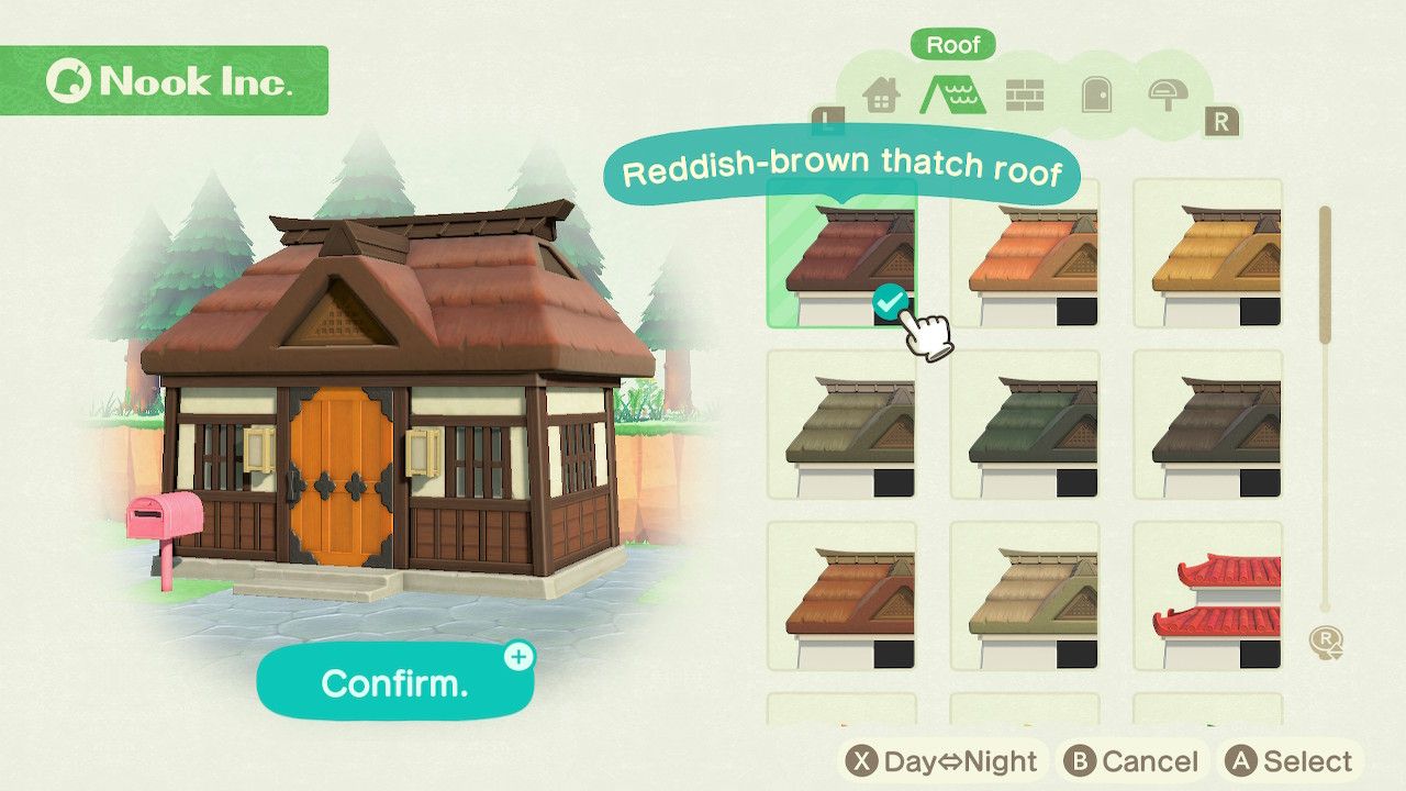 Player character in the housing customization menu and trying on a reddish-brown thatch roof style for the Japanese style house in Animal Crossing: New Horizons. 