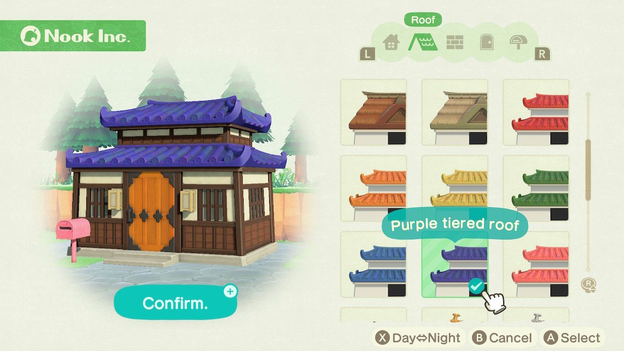 Player character in the housing customization menu and trying on a purple tiered roof style for the Japanese style house in Animal Crossing: New Horizons. 