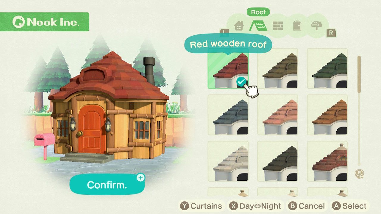 Player character in the housing customization menu and trying on a red wooden roof style for the cottage style house in Animal Crossing: New Horizons. 