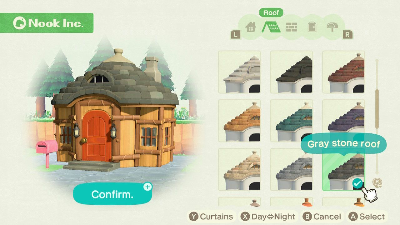 Player character in the housing customization menu and trying on a gray stone roof style for the cottage style house in Animal Crossing: New Horizons. 