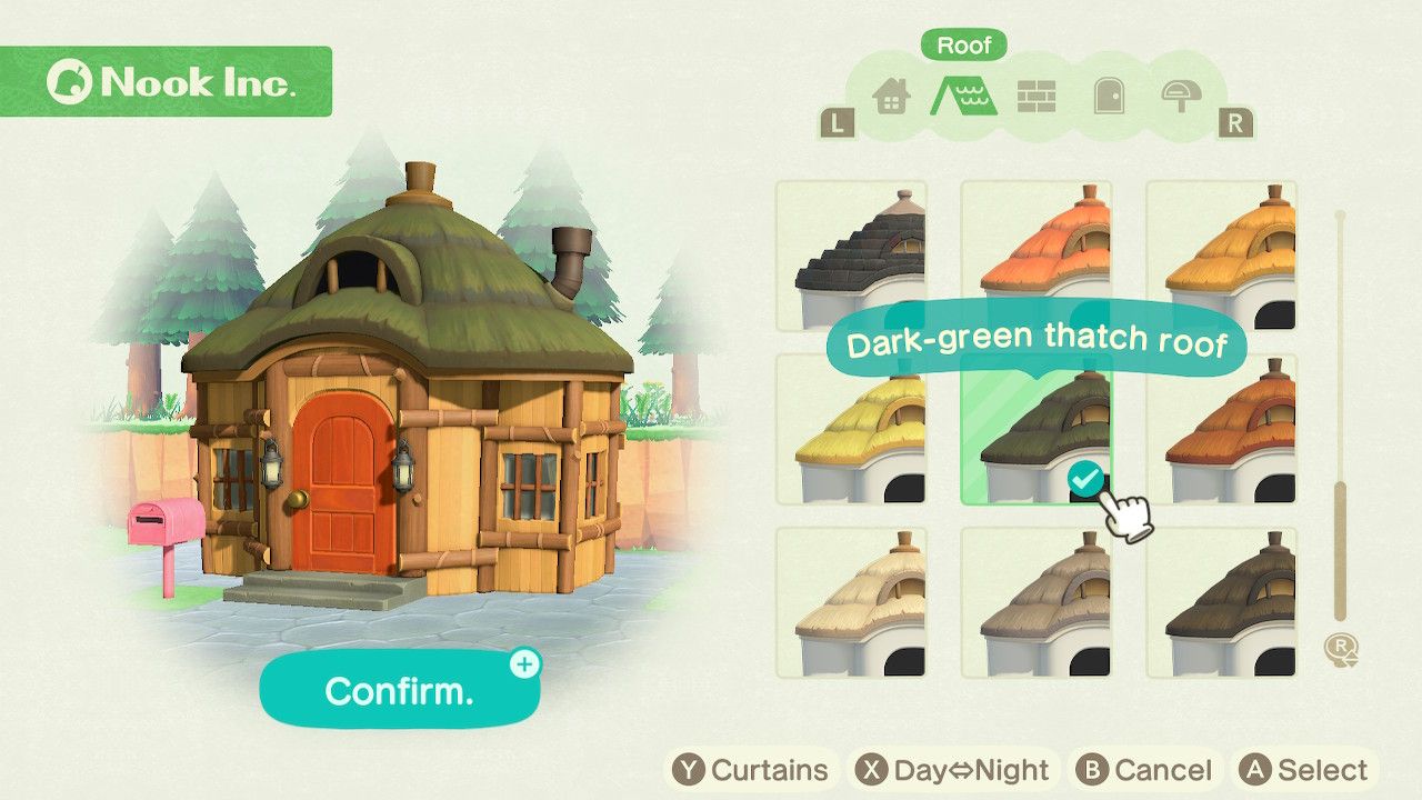 Player character in the housing customization menu and trying on a dark-green thatch roof style for the cottage style house in Animal Crossing: New Horizons. 