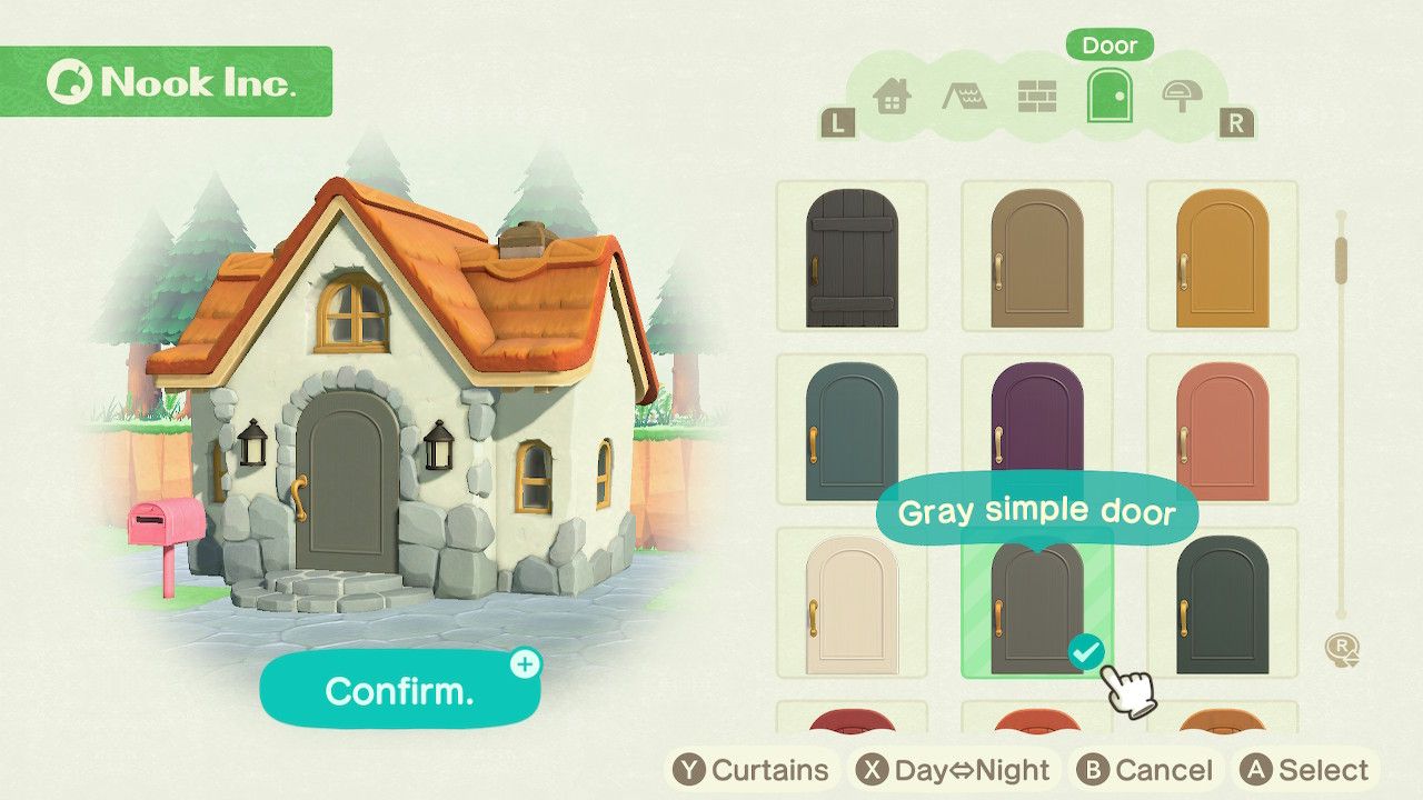 Player character in the housing customization menu and trying on a gray simple door style on a standard style home in Animal Crossing: New Horizons. 