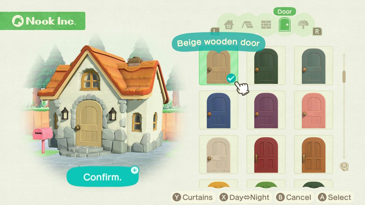 Player character in the housing customization menu and trying on a beige wooden door style on a standard style home in Animal Crossing: New Horizons. 