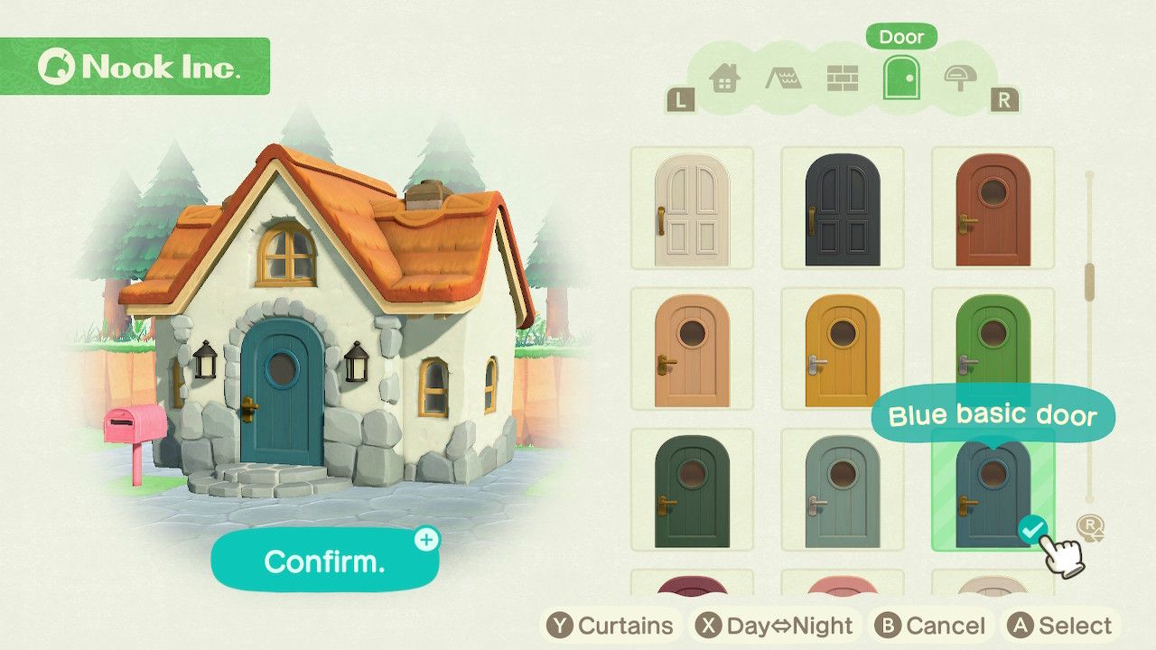 Player character in the housing customization menu and trying on a blue basic door style on a standard style home in Animal Crossing: New Horizons. 