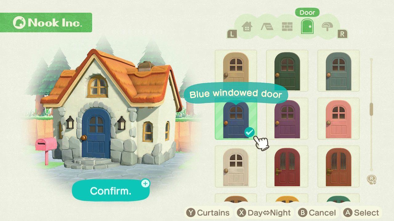 Player character in the housing customization menu and trying on a blue windowed door style on a standard style home in Animal Crossing: New Horizons. 