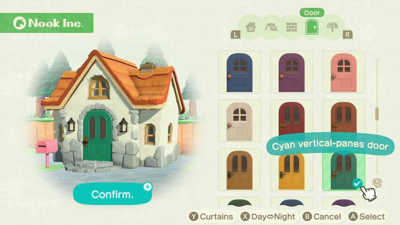 Player character in the housing customization menu and trying on a cyan vertical-planes door style on a standard style home in Animal Crossing: New Horizons. 