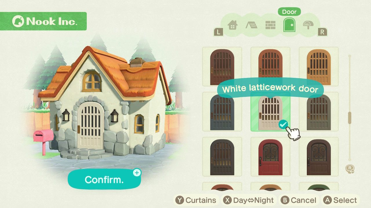 Player character in the housing customization menu and trying on a white latticework door style on a standard style home in Animal Crossing: New Horizons. 