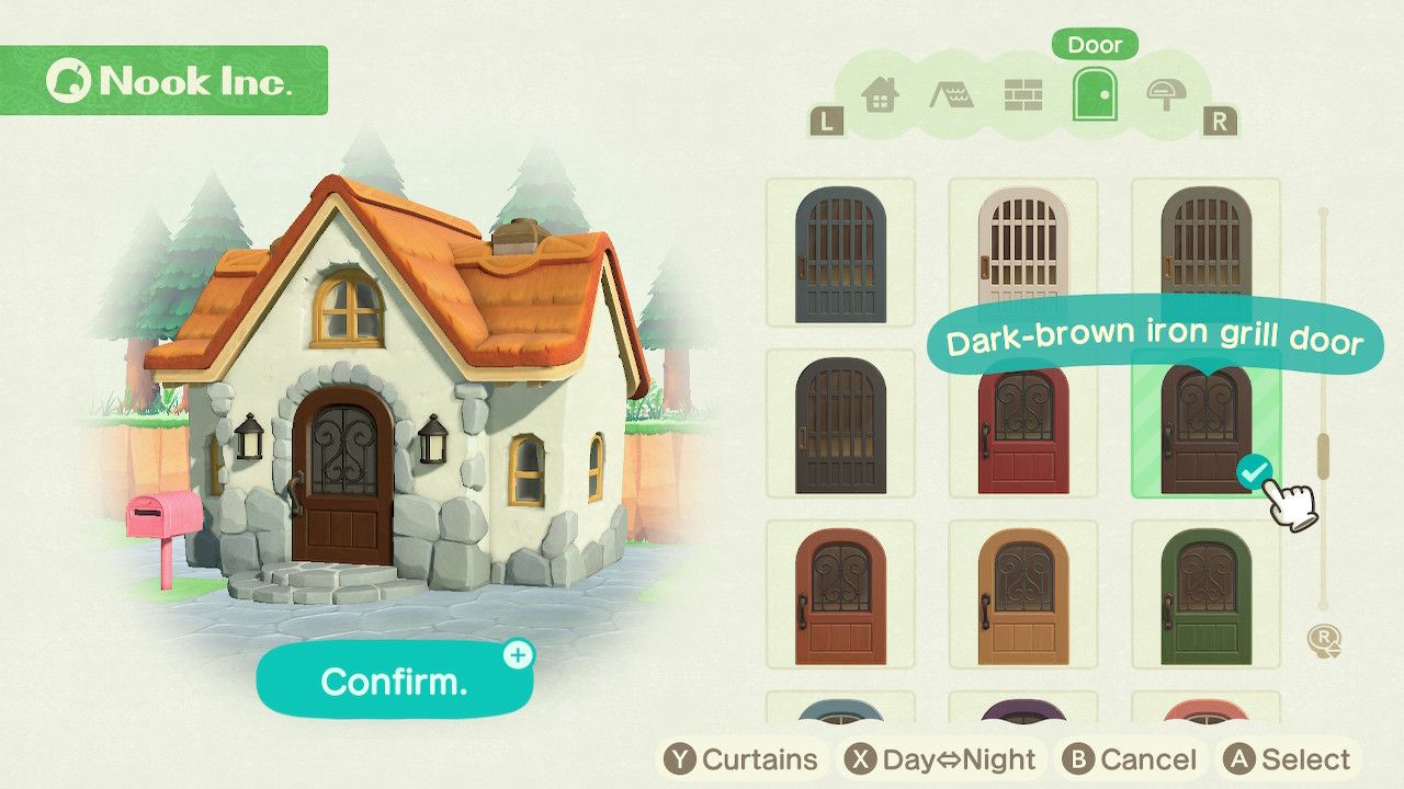 Player character in the housing customization menu and trying on a dark-brown iron grill door style on a standard style home in Animal Crossing: New Horizons. 