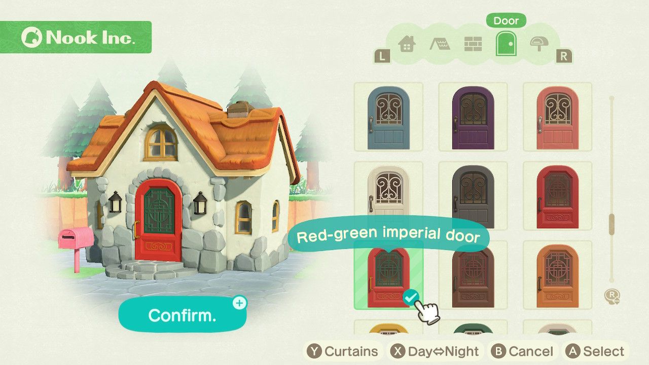 Player character in the housing customization menu and trying on a red-green imperial door style on a standard style home in Animal Crossing: New Horizons. 