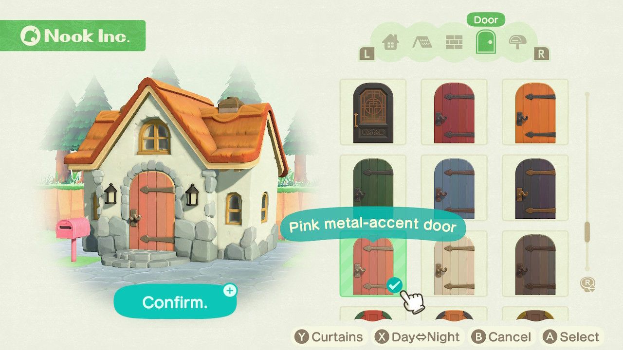 Player character in the housing customization menu and trying on a pink metal-accent door style on a standard style home in Animal Crossing: New Horizons. 