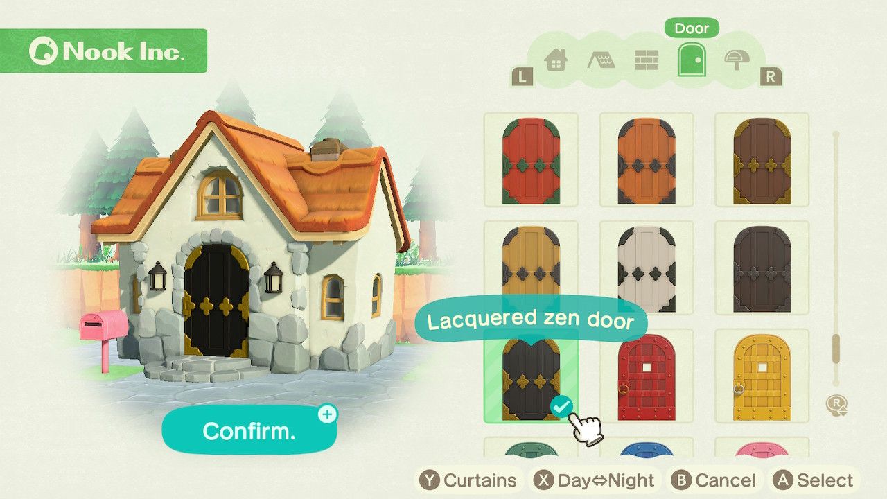 Player character in the housing customization menu and trying on a lacquered zen door style on a standard style home in Animal Crossing: New Horizons. 