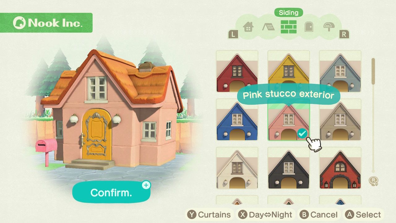 Player character in the housing customization menu and trying on a pink stucco exterior siding style on a standard style home in Animal Crossing: New Horizons. 