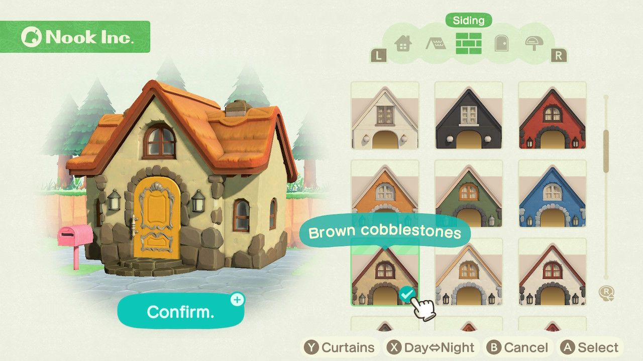 Player character in the housing customization menu and trying on a brown cobblestones exterior siding style on a standard style home in Animal Crossing: New Horizons. 