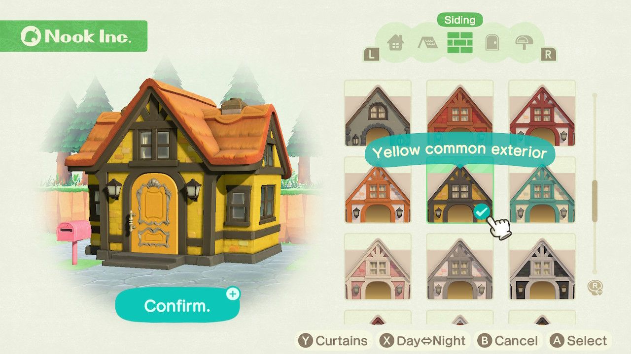 Player character in the housing customization menu and trying on a yellow and black common exterior siding style on a standard style home in Animal Crossing: New Horizons. 