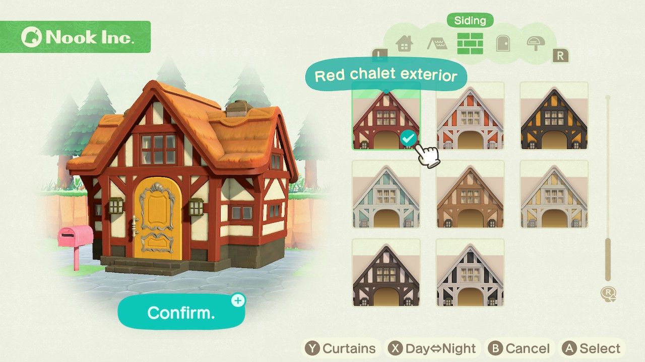 Player character in the housing customization menu and trying on a red and white chalet exterior siding style on a standard style home in Animal Crossing: New Horizons. 