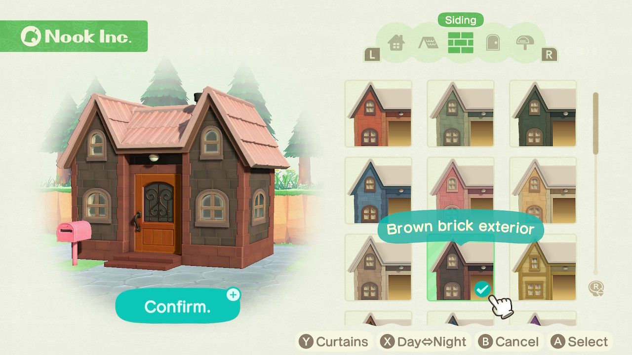 Player character in the housing customization menu and trying on a brown brick exterior siding style on a cabin style home in Animal Crossing: New Horizons. 