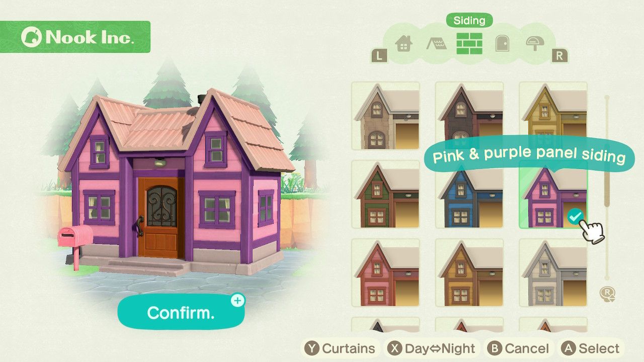 Player character in the housing customization menu and trying on a pink and purple exterior siding style on a cabin style home in Animal Crossing: New Horizons. 