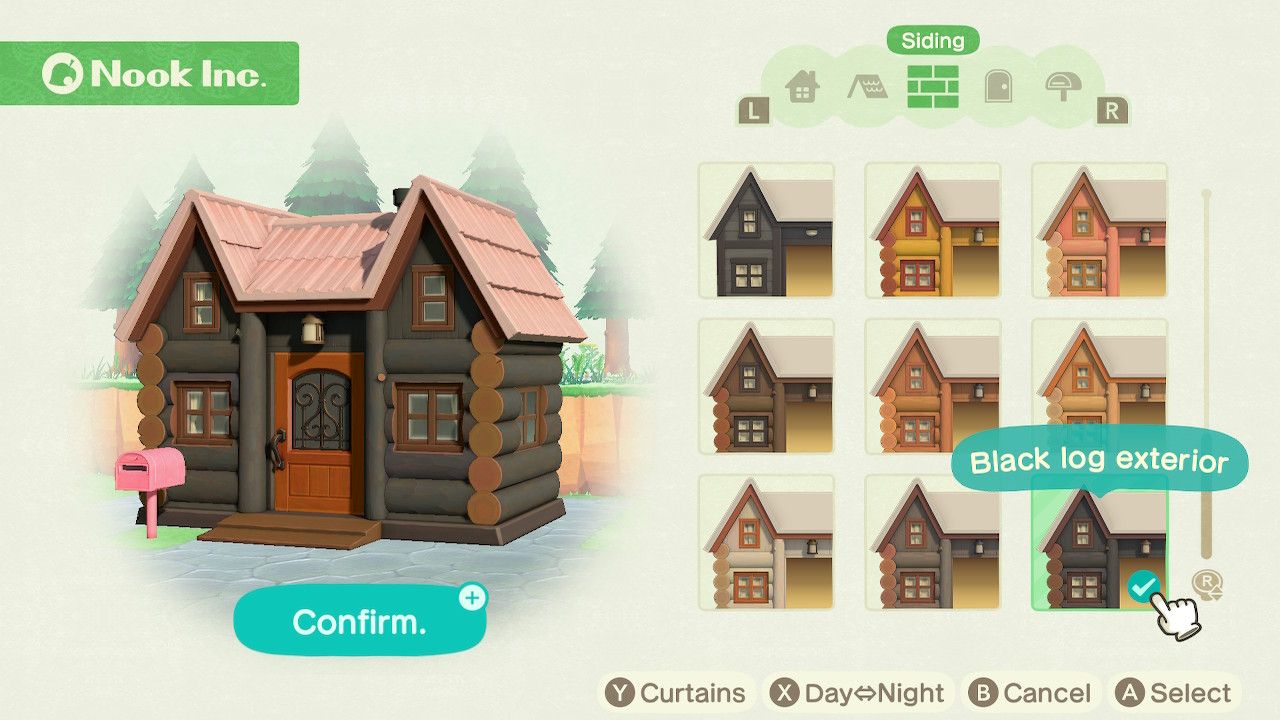 Player character in the housing customization menu and trying on a black log exterior siding style on a cabin style home in Animal Crossing: New Horizons. 