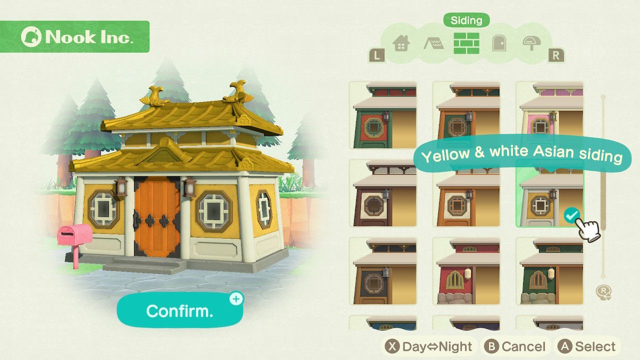 Player character in the housing customization menu and trying on a yellow and white Asian exterior siding style on a Japanese style home in Animal Crossing: New Horizons. 