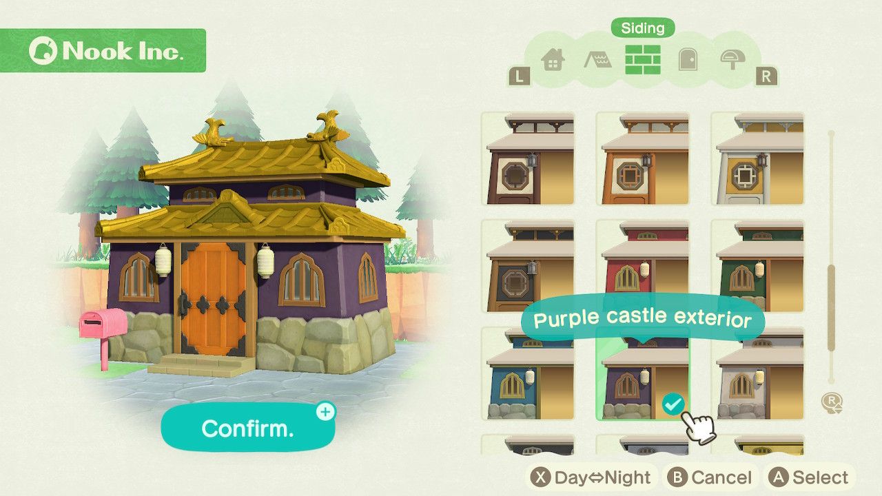 Player character in the housing customization menu and trying on a purple castle exterior siding style on a Japanese style home in Animal Crossing: New Horizons. 