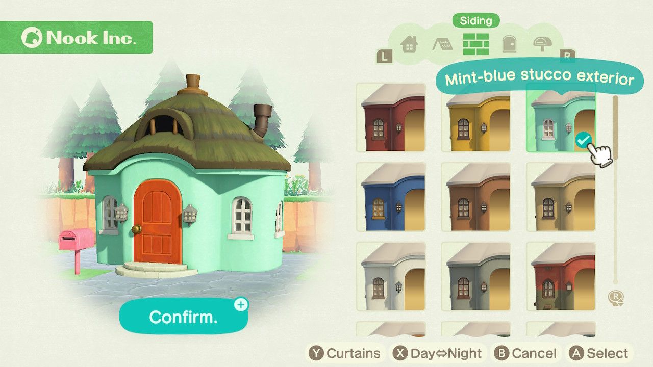 Player character in the housing customization menu and trying on a mint-blue stucco exterior siding style on a cottage style home in Animal Crossing: New Horizons. 
