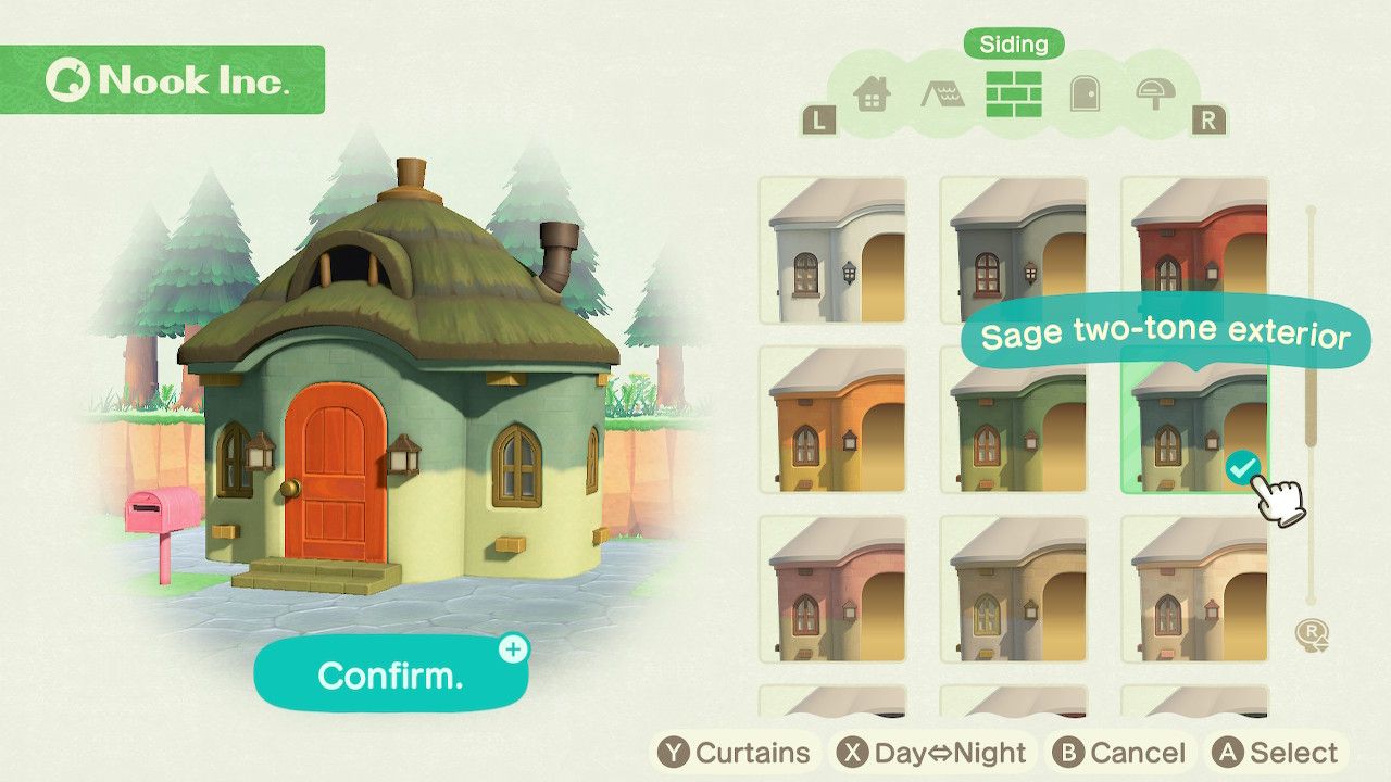 Player character in the housing customization menu and trying on a sage two-tone exterior siding style on a cottage style home in Animal Crossing: New Horizons. 