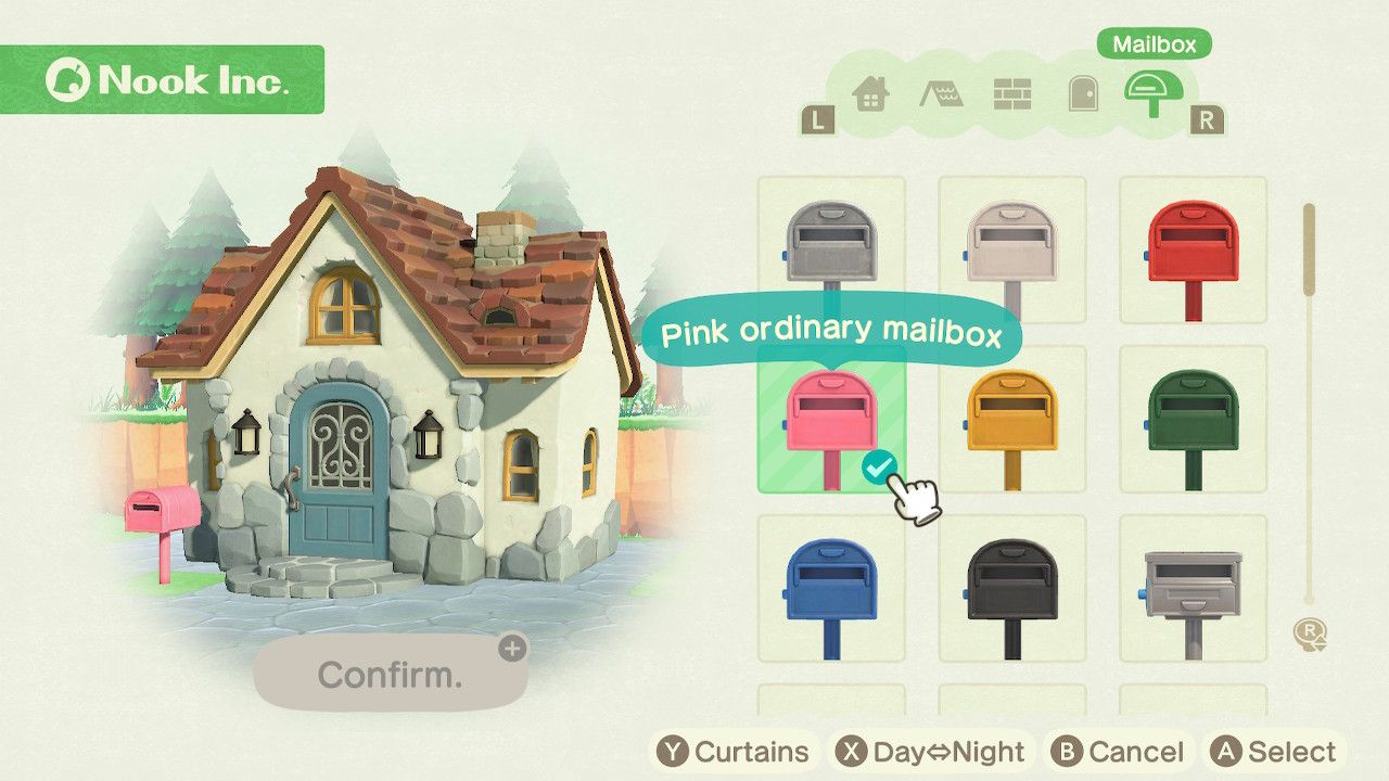 Player character in the housing customization menu and trying on a pink ordinary mailbox style on a standard style home in Animal Crossing: New Horizons. 