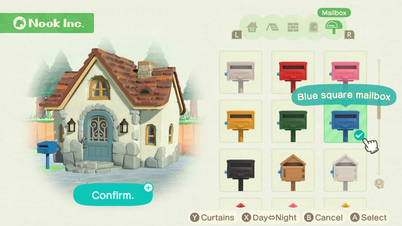 Player character in the housing customization menu and trying on a blue square mailbox style on a standard style home in Animal Crossing: New Horizons. 