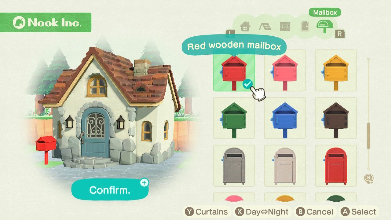 Player character in the housing customization menu and trying on a red wooden mailbox style on a standard style home in Animal Crossing: New Horizons. 
