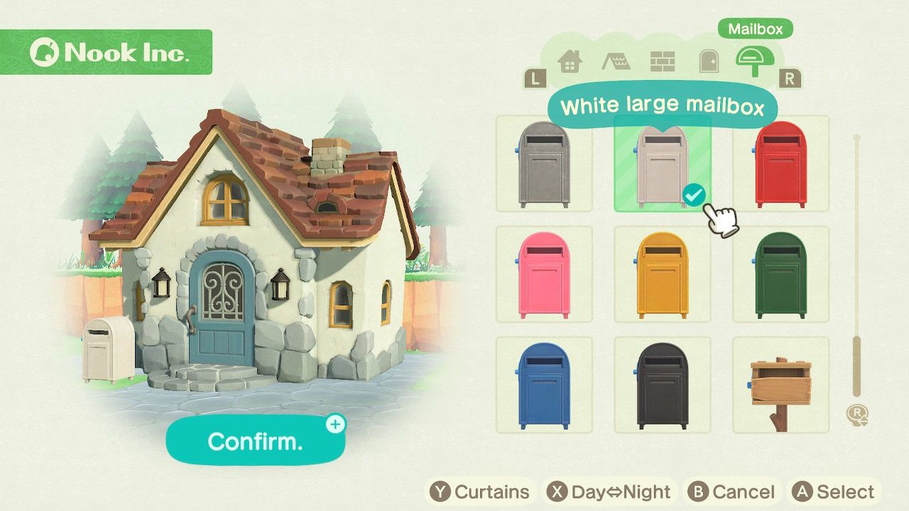 Player character in the housing customization menu and trying on a white large mailbox style on a standard style home in Animal Crossing: New Horizons. 