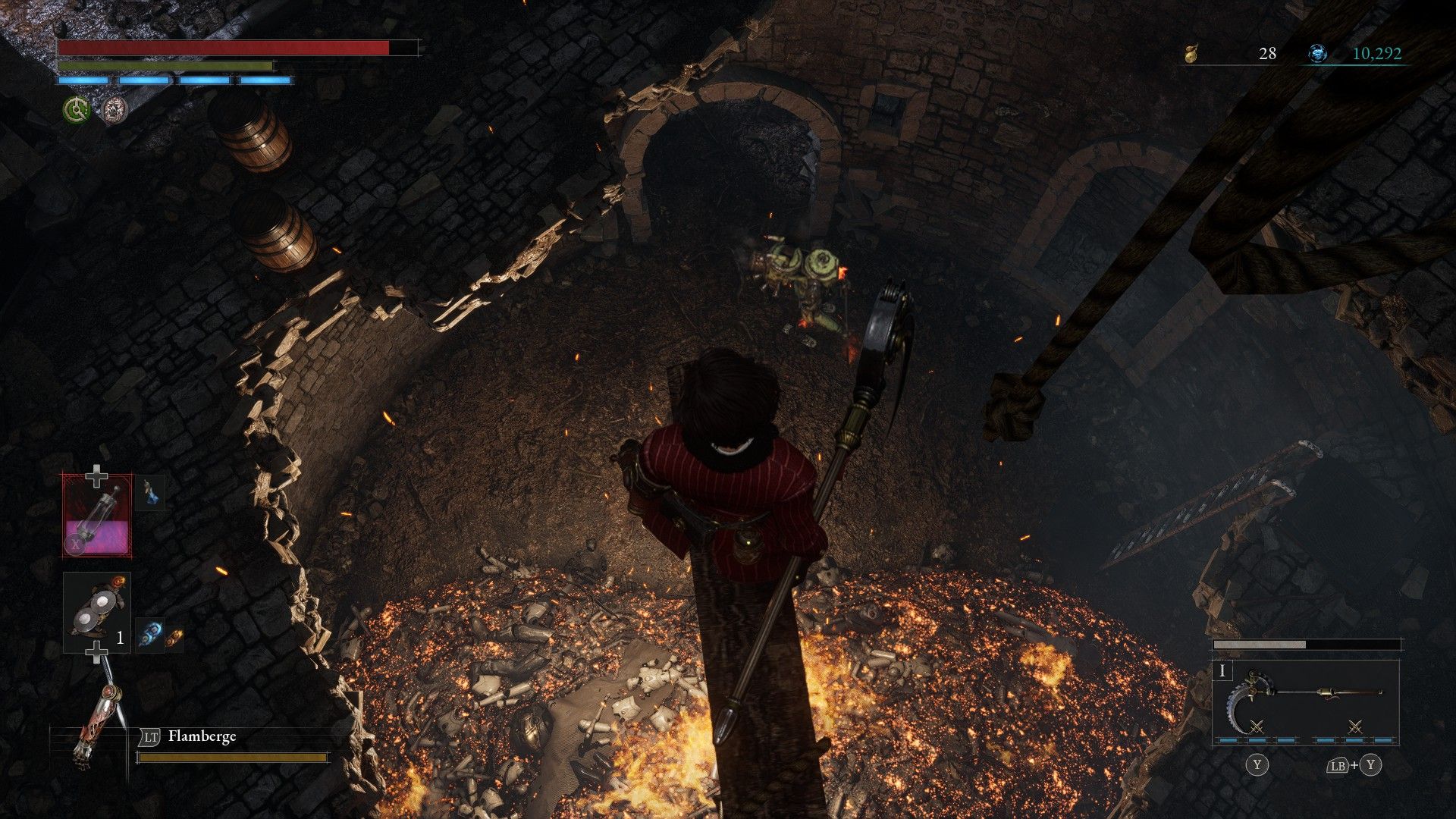 P looks down from beam to spy Firekeeper puppet at the bottom of tower below in Lies of P