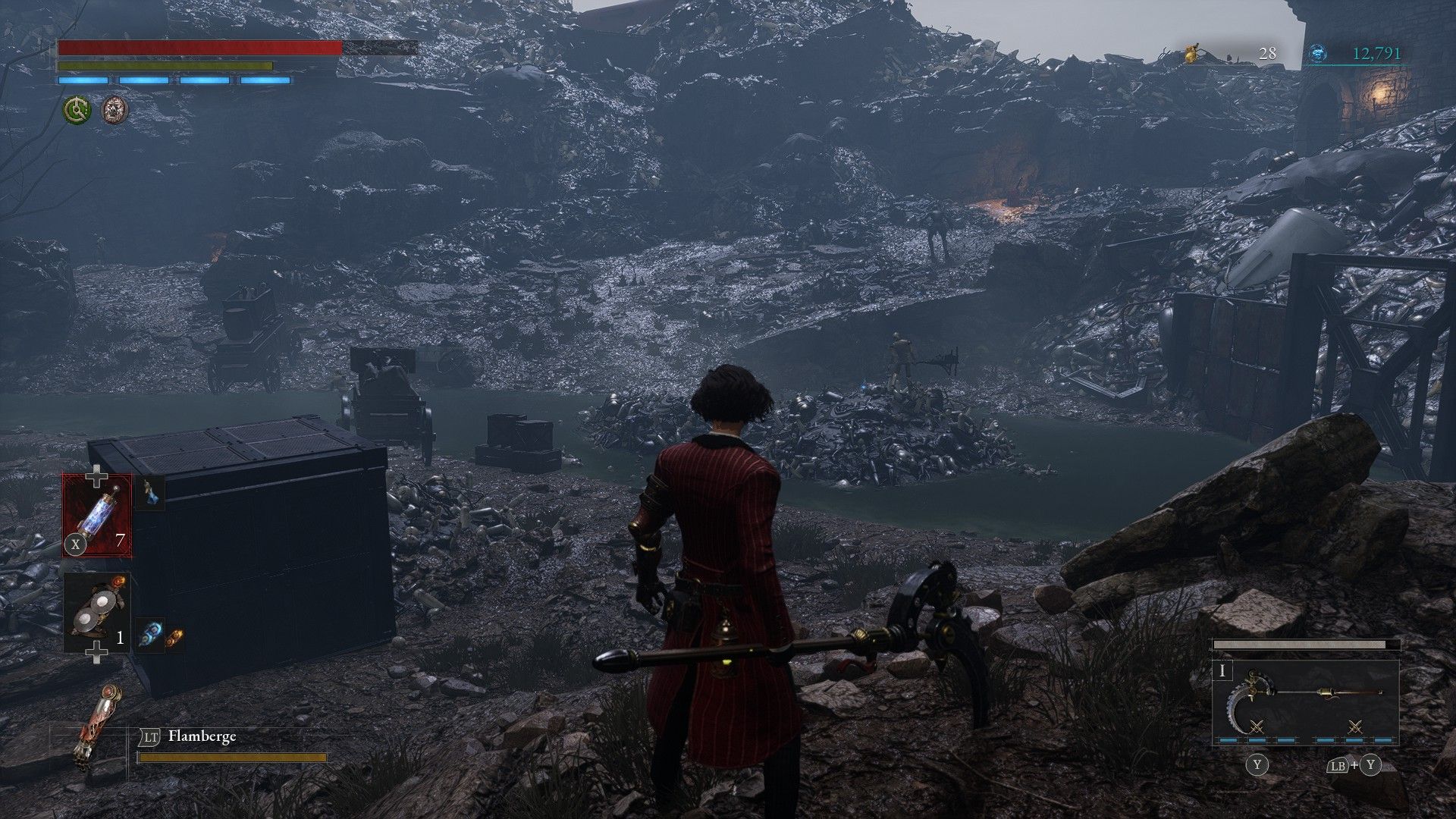 P looks out over the Barren Swamp unaware of dangerous machine in tower in Lies of P