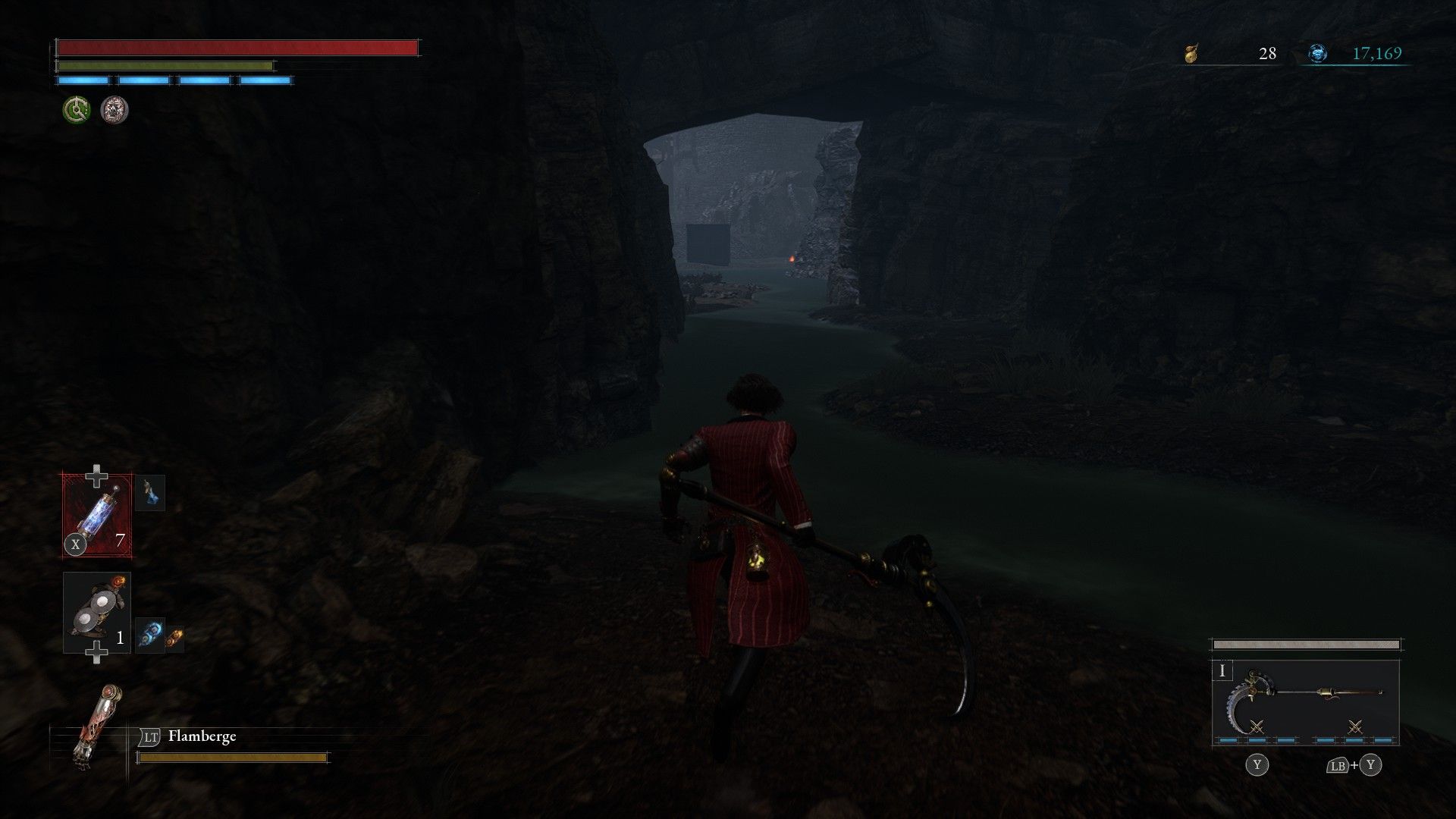 P runs toward exit of cave to enter the second area of the Barren Swamp in Lies of P