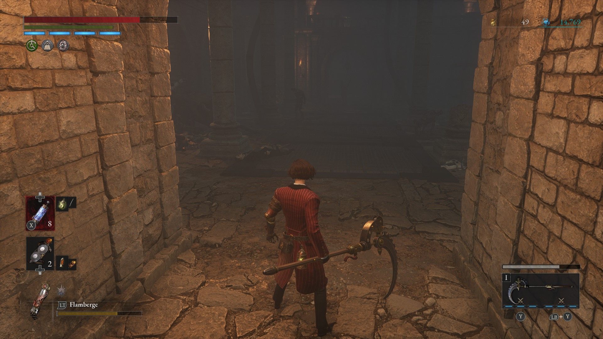 P stands at entrance to foggy broken rift third room near ladder shortcut in Lies of P