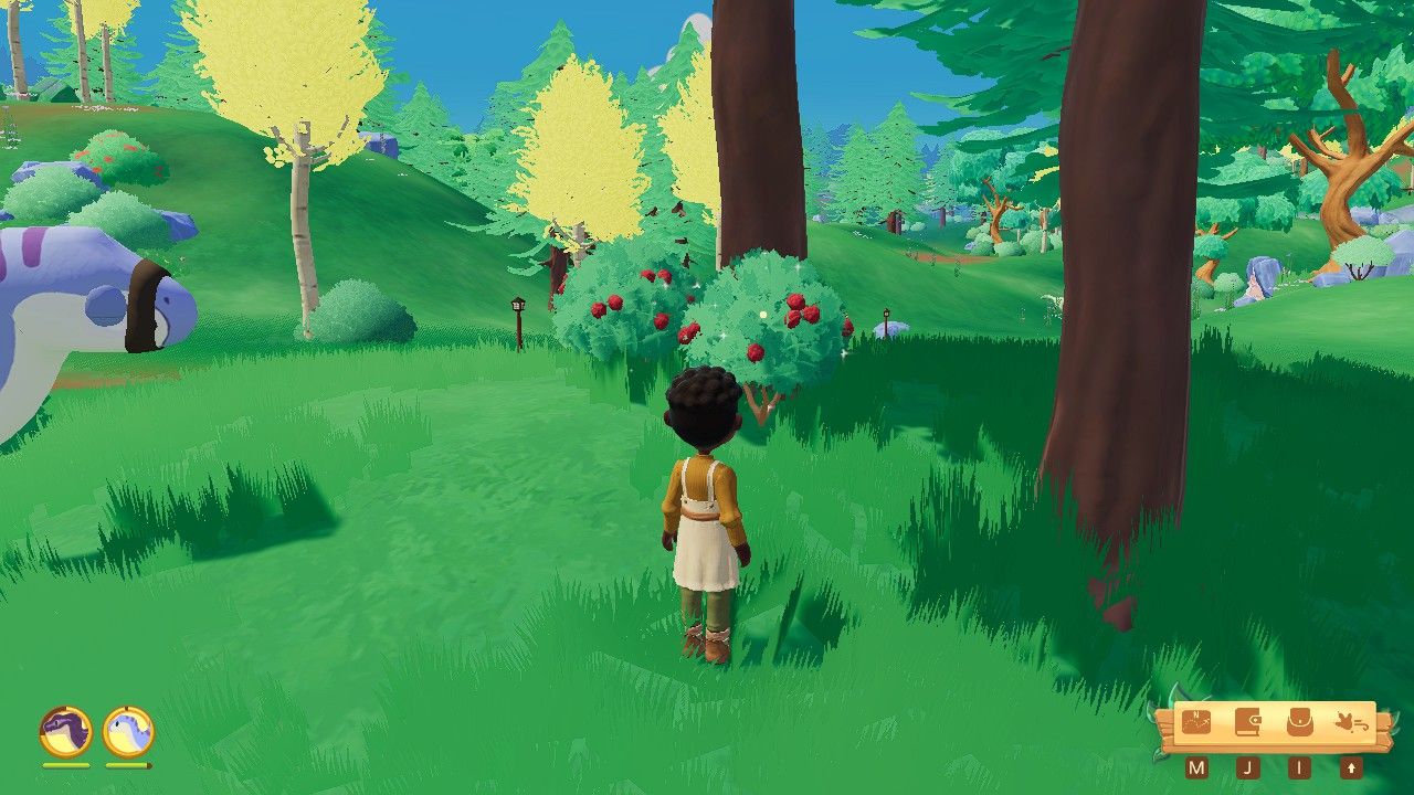 Player character standing in front of a set of Raspberry bushes in the day during the Jurassos season in Paleo Pines.