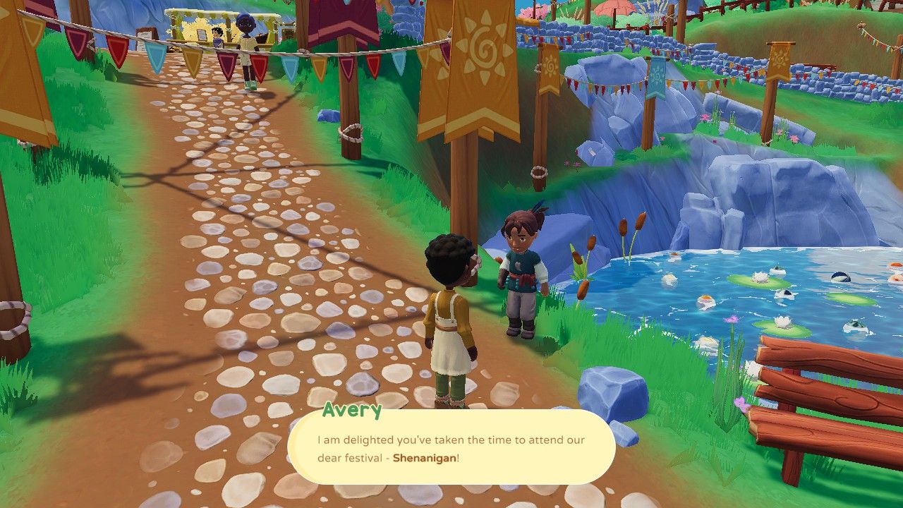Player character standing in front of and speaking to Avery near the bridge in Pebble Plaza during Shenanigan in Paleo Pines.